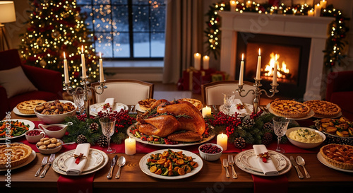 Festive Christmas dinner table with roasted turkey, holiday decorations, and cozy fireplace ambiance