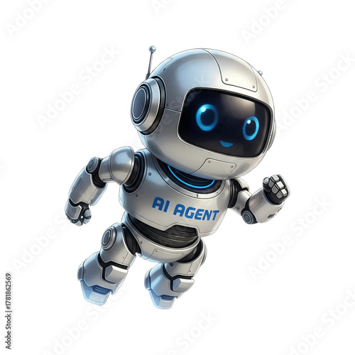 Cute AI robot character with 'AI AGENT' text flying forward with enthusiasm