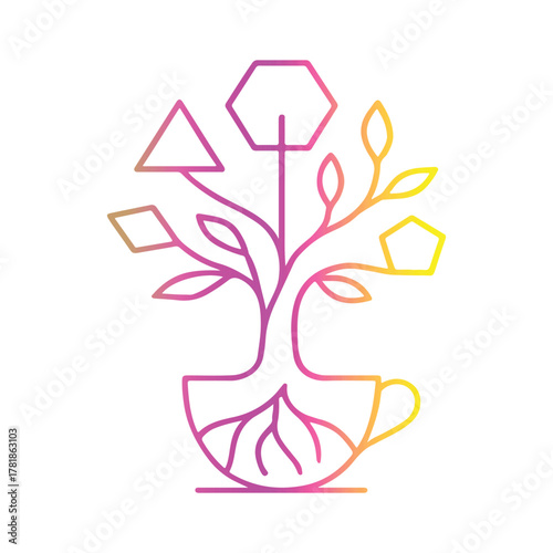 Creative Floral Design Geometric Shapes Flourishing from a Cup – A Unique Blend of Nature, Innovation, and Artistic Flair in Vibrant Hues