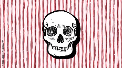 Hand drawn skull spinning on red lines background looping animation