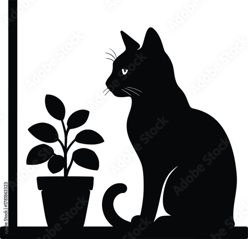 A black cat sits beside a potted plant in a window frame