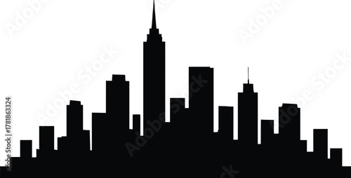 A striking black silhouette of a modern city skyline against white