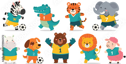 Cartoon soccer animals, sports team illustration, cute animal players, children’s football characters, playful uniforms, teamwork concept, fun sports design
