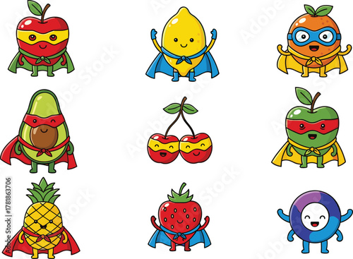 Cartoon superhero fruits and vegetables, healthy food characters, fun nutrition icons, kids diet illustration, playful produce with masks and capes
