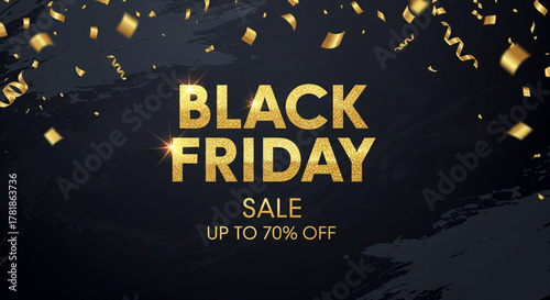 Promotional banner design for a major shopping event featuring golden text and falling confetti on a dark, textured background