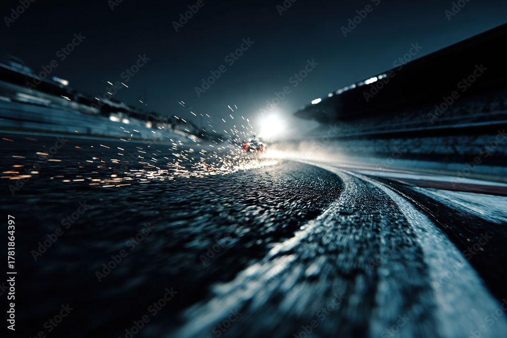 Obraz premium The race track leaves sparks on the floodlit night track.