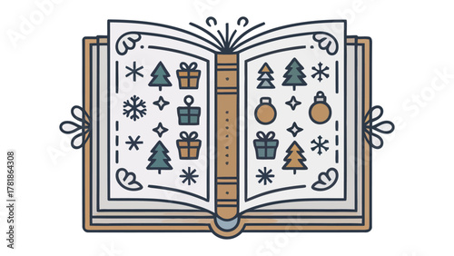 Open Storybook of Festive Cheer: An open storybook, adorned with holiday motifs of presents, star and christmas trees, inviting one into a world of imagination and winter tales.