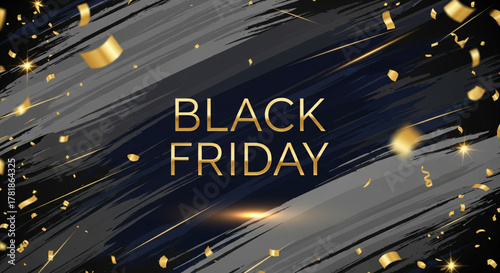 Black Friday Sale Event with Golden Confetti and Elegant Brush Strokes - Special Promotion Background