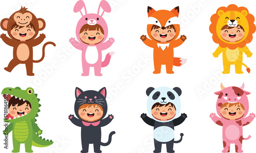Children in animal costumes smiling and posing, playful character outfits, kids party theme, animal roleplay, cartoon-style illustration, joyful expression