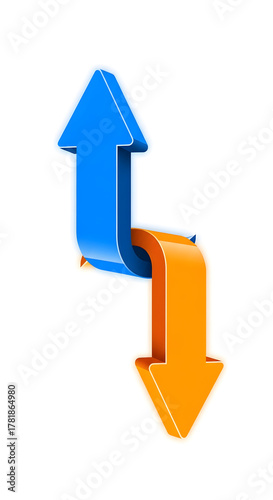 Free Download Vibrant 3D illustration showcasing interconnected blue upward and orange downward arrows, symbolizing dual directions, opposing forces, a continuous flow, or a complex dynamic process - GFXLoad
