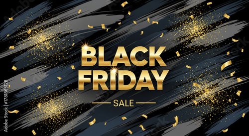 Golden Black Friday Sale Announcement with Falling Confetti Over Brush Strokes