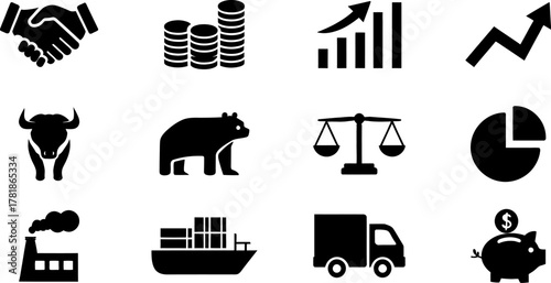 Stock market and business icons: financial growth, bull, bear, trade, industry, and investment vector silhouette icons set, silhouette illustration.
