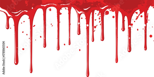 Red drips and splatters hang against a white backdrop