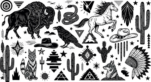 Collection of western and native american inspired graphic elements featuring a buffalo horse eagle wolf and cacti