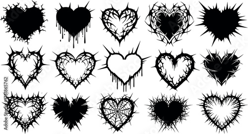Collection of distressed and grunge style heart shapes with dripping and spiky elements