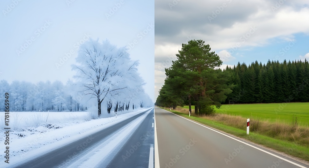 Fototapeta premium A divided road illustrating contrasting seasons winter and summer alongside each other with trees and open fields present