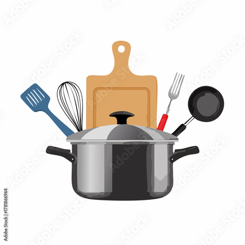 cooking utensils on white background, Frying pan, pot, spatula, whisk, ladle, cutting board