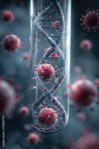 Viral particles next to a DNA helix in a test tube, concept of genetic modification or vaccine.