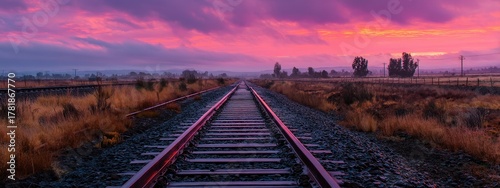 Railway tracks lead towards a glowing sunset in a tranquil valley with mountains.