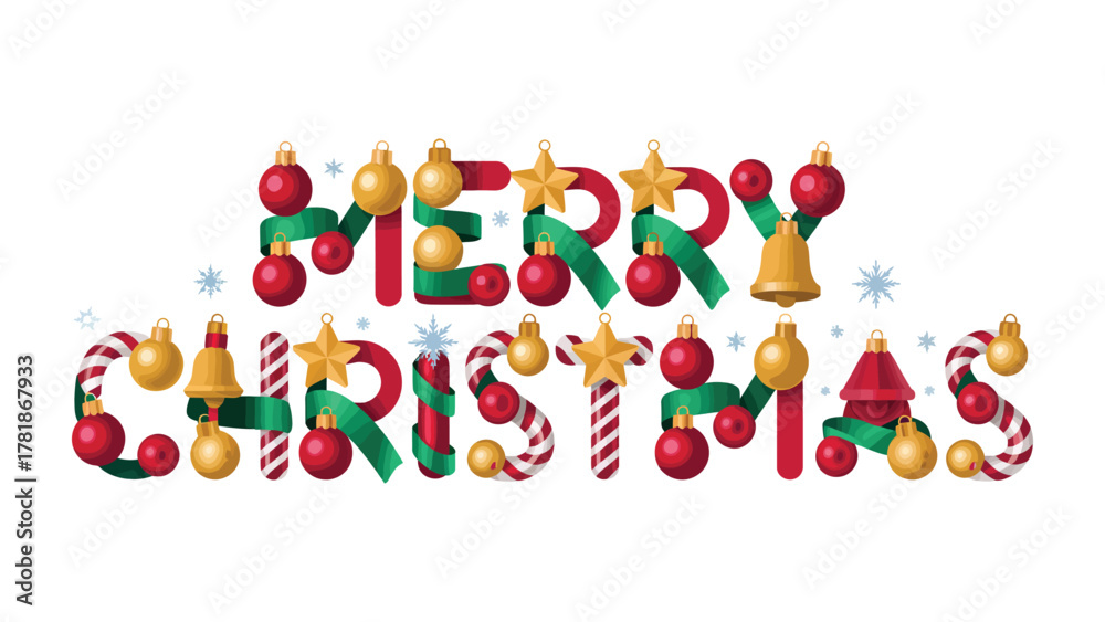 Obraz premium Merry Christmas Greetings: Festive holiday typography composed of cheerful symbols, with decorative elements like bells and ornaments, conveying the spirit of the season.