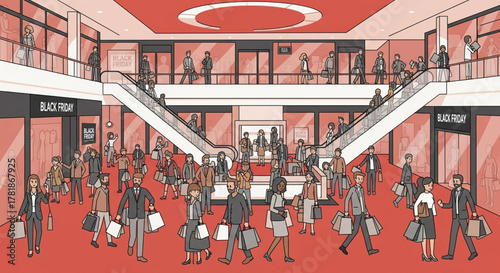 Vibrant illustration of a bustling multi-level shopping mall, featuring diverse shoppers carrying bags and navigating escalators during a lively retail event