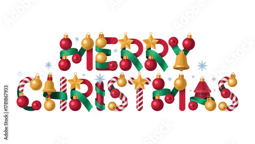 Merry Christmas Greetings: Festive holiday typography composed of cheerful symbols, with decorative elements like bells and ornaments, conveying the spirit of the season.