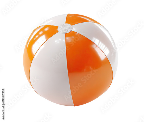 A vibrant orange and white beach ball, perfectly round and glossy