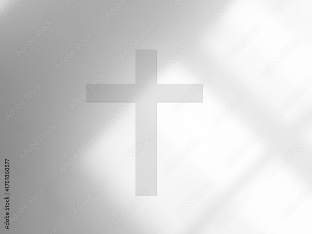 Obraz premium Cross christian god religion on shadow wall floor background, jesus church worship pray catholic grace christ, symbols christ love holy spiritual hope peach victory spirit meditation catholicism