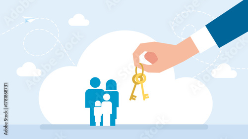 Family receiving a golden key from a giant hand. Realtor holding and handing key to family. Deal of property for sale. Sale manager giving keys about buying real estate to family. Vector Illustration