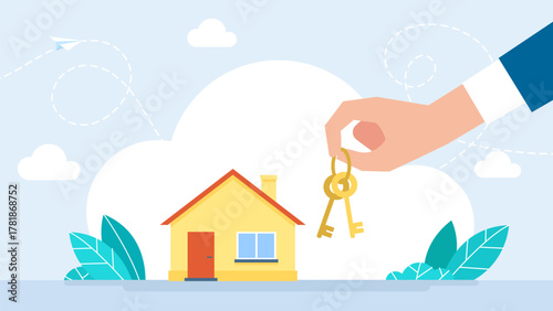 Realtor selling property concept. Buy house or apartment. Mortgage, debt and rent. Hand holds keys. Real estate theme, buying, selling, protection, security, property insurance. Vector illustration