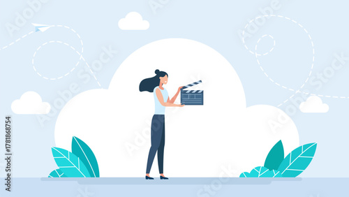 Woman holding a take board. Ready for action. Filmmaking in motion. Woman holds a film clapperboard. Director with clapperboard. Making films clips for cinema production industry. Vector illustration