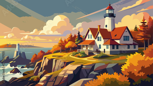 Very beautiful Portland Head Lighthouse in Cape Elizabeth, Maine, USA, during the fall season, featuring colorful autumn foliage, rugged coastal cliffs, and the Atlantic Ocean under warm natural light