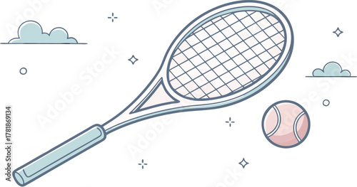 Playful Tennis Illustration with Racket and Ball, Perfect for Sport Themed Designs and Cheerful Summer Projects, Originally a Scalable Vector Graphic