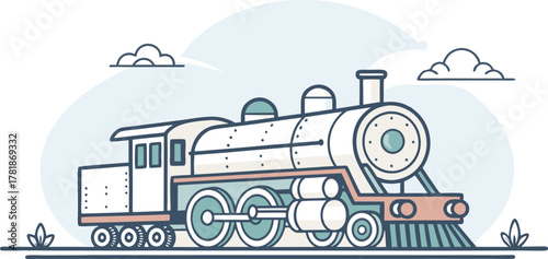 Vintage steam train chugging through dreamy pastel landscape, a charming illustration perfect for children's books or nostalgic designs, a whimsical journey awaits