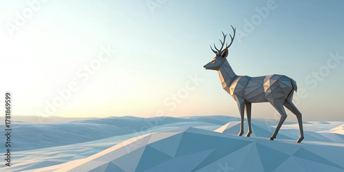 Polygonal deer standing peacefully in a snowy landscape during sunset copy space