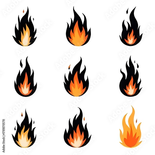 Black Flame Icon Set. Collection of Stylized Fire Silhouettes. Victor illustration eps10