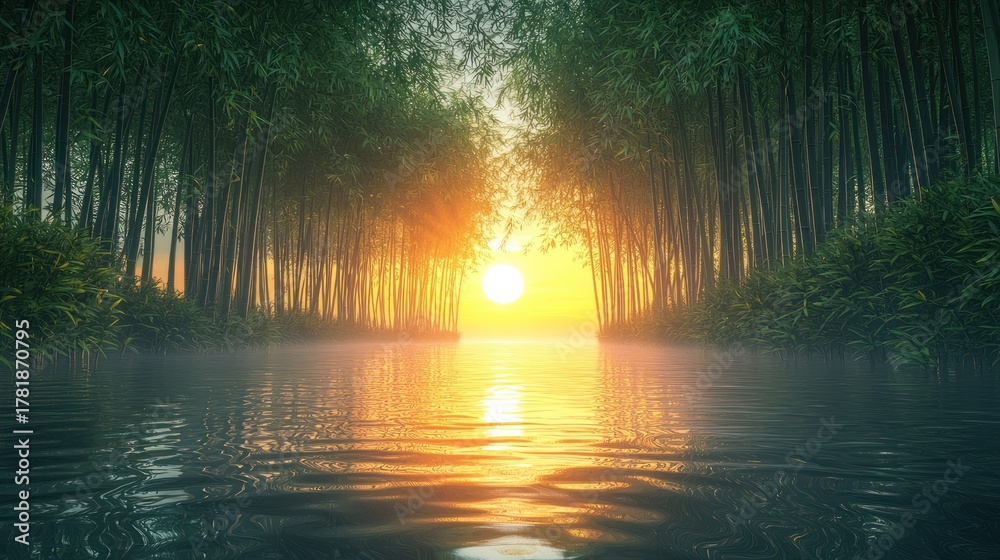 Naklejka premium Bamboo forest reflected in calm water, sun glowing at the end of the path