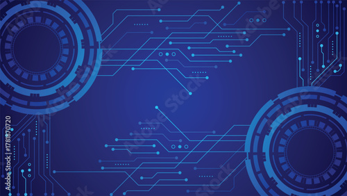Modern abstract technology background in blue tones featuring circuit board lines and circular digital interface design ideal for innovation tech and data related concepts