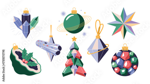 Festive Ornaments Set: A captivating arrangement of diverse holiday ornaments that adds a splash of vibrant colors and whimsical design elements, inviting viewers into the heart of the festive season.