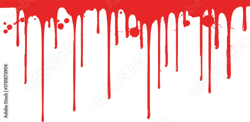 Red drips of paint on a white background with variations in length and texture