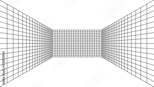 3D wireframe perspective grid room template design vector illustration background. Empty three dimensional virtual room perspective wireframe grid geometric sketch. Cyber virtual line interior frame.