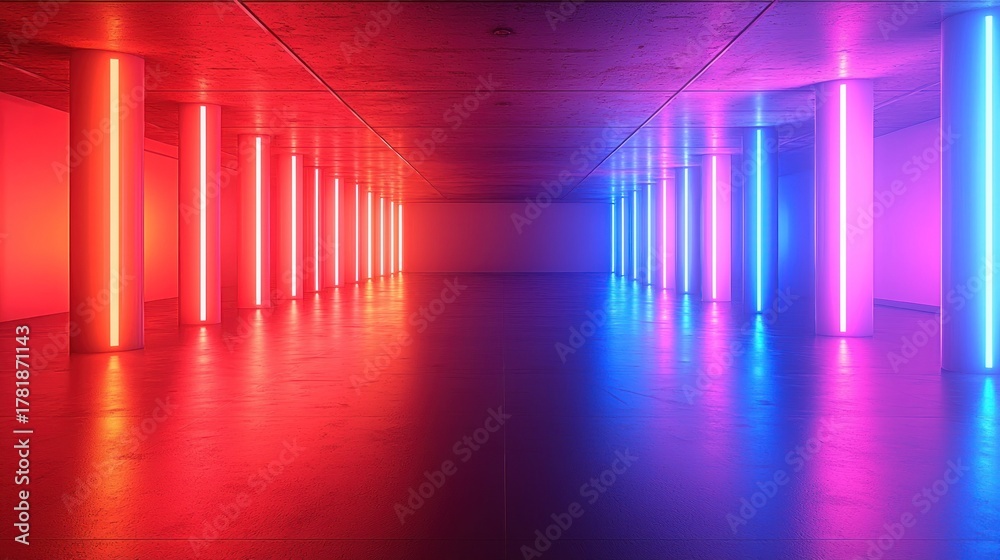 Fototapeta premium Abstract corridor with neon lights reflecting in polished floor, receding into distance