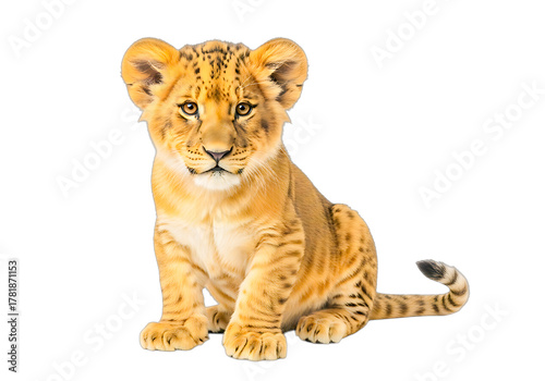 Adorable lion cub sitting isolated on transparent background looking at the camera