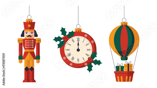 Festive Ornament Collection: A charming set of Christmas ornaments, including a nutcracker soldier, a clock, and a hot air balloon.