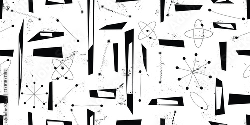 Retro atomic seamless pattern with grainy effect,retro atomic age geometric endless pattern with grunge texture. Vintage space age 1950s wallpaper with distressed background.Mid century vector design.