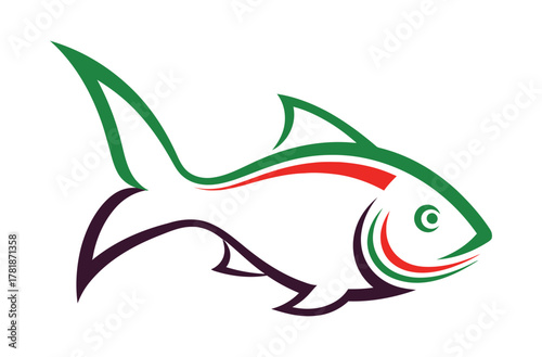 Stylized fish with green and red accents, representing aquatic life and nature