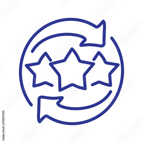 A circular icon with three stars and refresh arrows symbolizing quality, feedback loop, and reputation management.