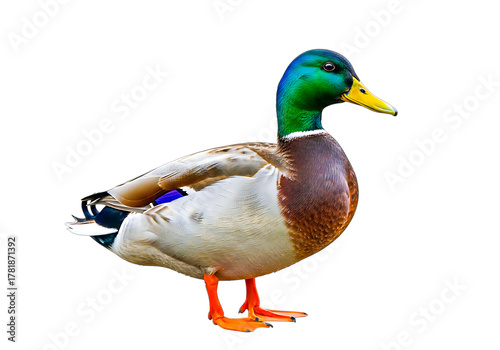 Mallard duck standing isolated on transparent background, showcasing its vibrant plumage