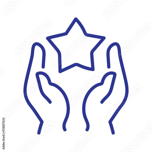Blue line art icon of two open hands holding or presenting a five-pointed star.