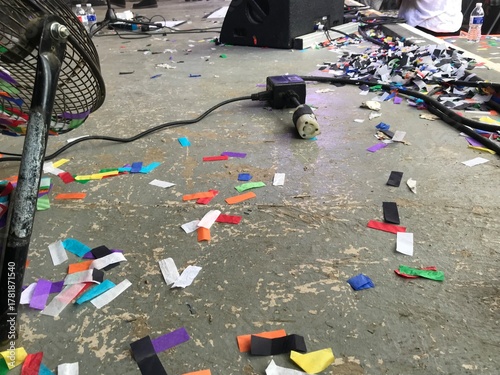 Floor of a Stage After a Concert Performance With Fallen Colored Confetti Backstage